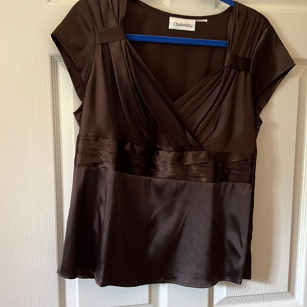 Dark brown satin top cap sleeves empire pleated waist